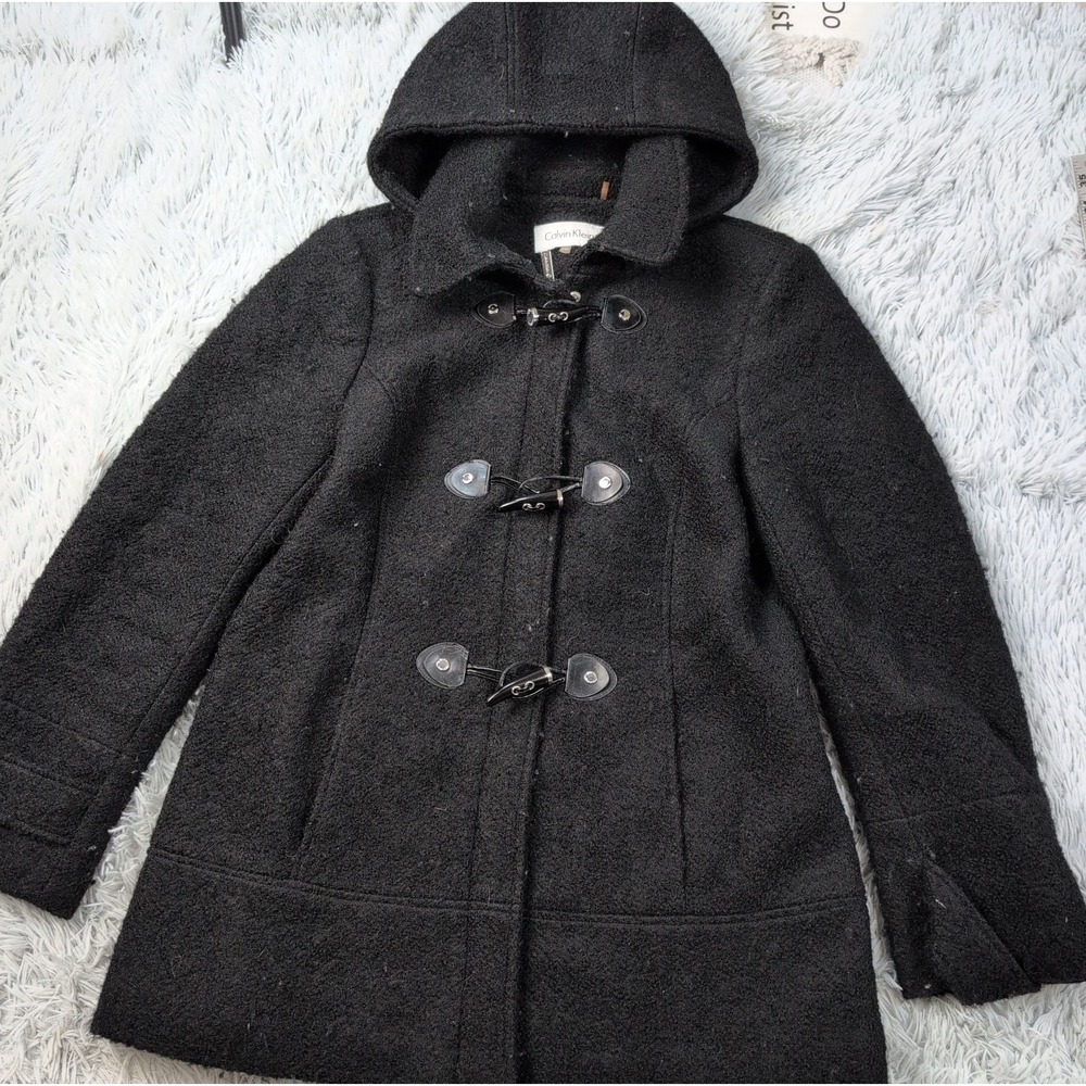 Calvin Klein Jacket Womens XL Petite Black Wool Blend Removable Hood Zip Up